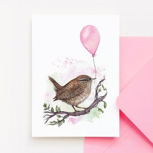 Carte de voeux Happy Bird Day, rue le troglodyte ballon d'anniversaire carte mignonne oiseau illustrée aquarelle A6