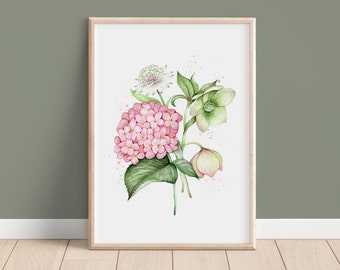 Vintage Florals Watercolour Giclee Print, Hydrangea Hellebore Astrantia, Botanical Artwork Fine Art A5, A4, A3