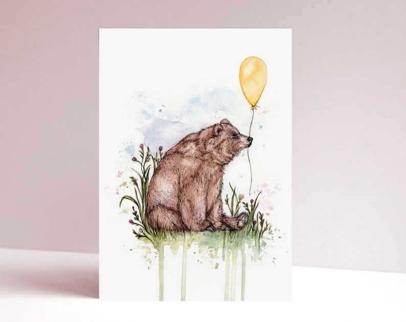 Bodie the Bear Greetings Card Birthday Balloon Cute Watercolour Illustrated Animal Card A6 image 4
