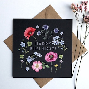 Carte de joyeux anniversaire botanique sombre pour maman grand-mère amie soeur, carte de voeux de fleurs sauvages illustrée à l'aquarelle florale