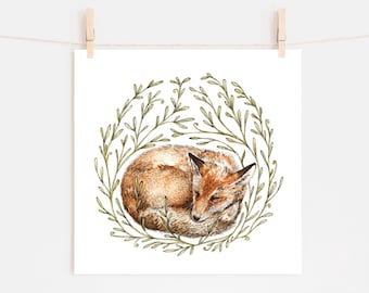 Little Sleeping Fox Art: Animal Watercolour Ink, Nursery Illustration, Square Print 8x8" 7x7" 5x5"