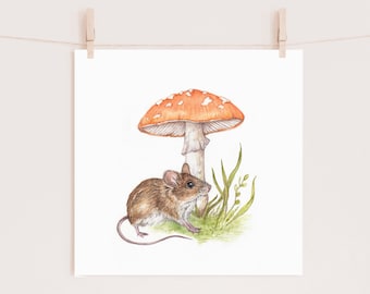 May include: A watercolour illustration of a brown mouse sitting under a red and white mushroom with green grass.