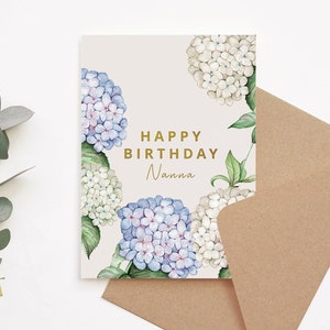 Carte de joyeux anniversaire botanique hortensia bleu, personnalisée pour ami, maman, grand-mère et grand-mère, carte de voeux aquarelle florale crème 5 x 7"