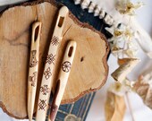 wooden needles for nalbinding nordic, naalbinding, weaving loom craft work, sewing, knitting, slawic symbols,  set of three