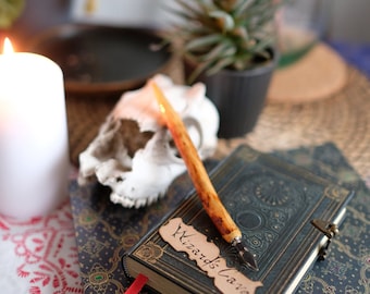 May include: A dark blue leather-bound journal with gold accents and a decorative clasp. The journal has a label on the front that says "Wizard's Cave" in cursive writing. A wooden pen with a metal nib is resting on the journal.