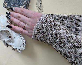 Handmade Beaded Wool Wrist Warmers: Lithuanian Knit Fingerless Gloves