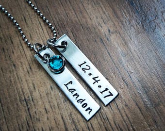 Gift for New Mom, New Mom Necklace, Birthstone Name Necklace, Hand Stamped Personalized