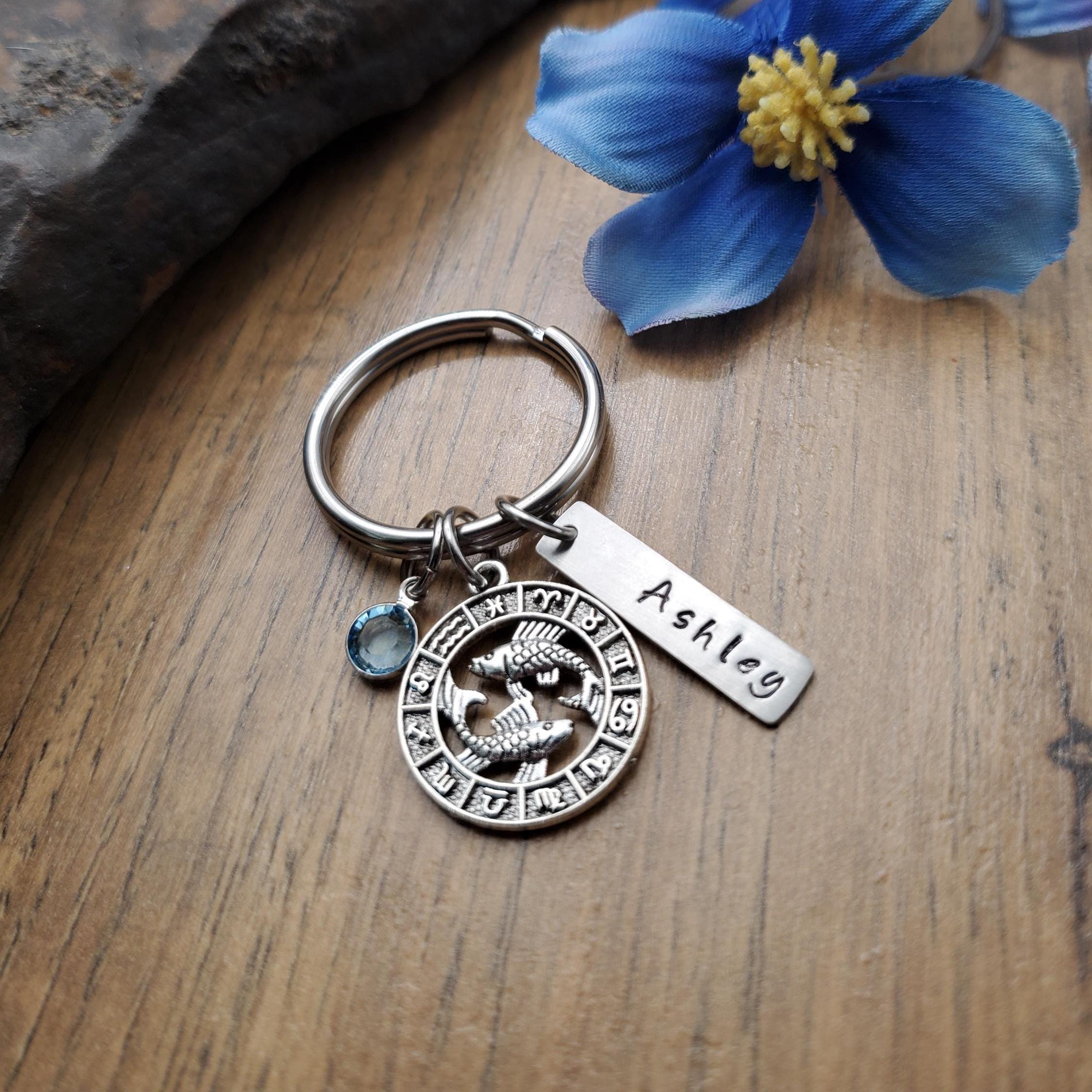 Pisces Keychain, Pisces Zodiac Gift, Personalized Horoscope Key