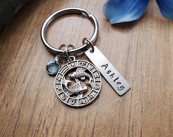 Pisces Keychain, Pisces Zodiac Gift, Personalized Horoscope Key