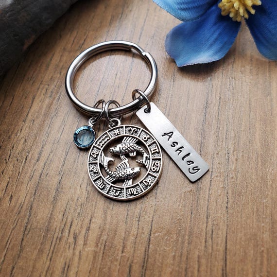 Pisces Keychain, Pisces Zodiac Gift, Personalized Horoscope Key