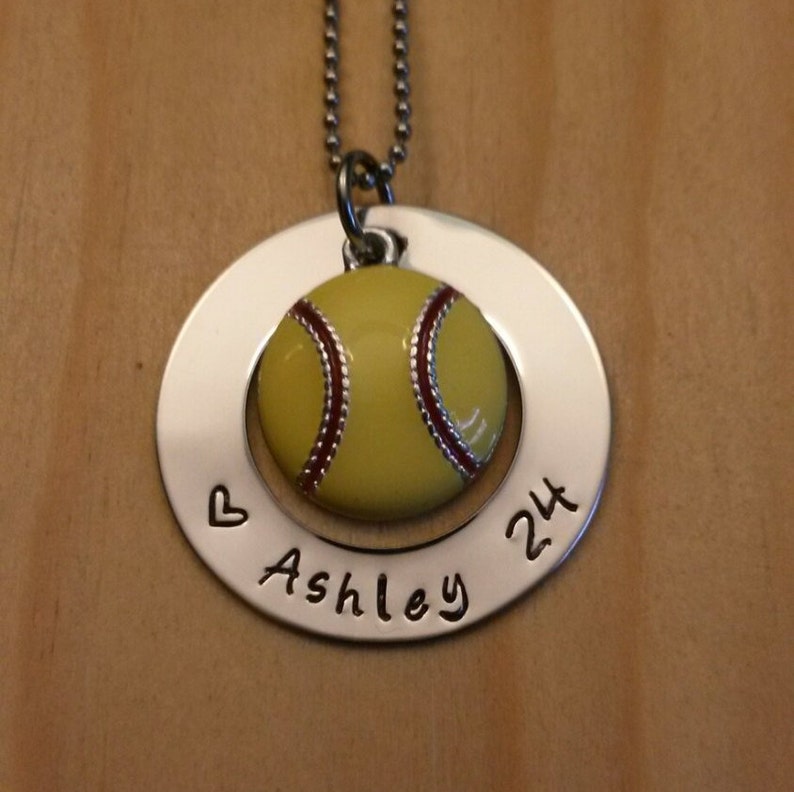Softball Necklace With Numbers Hand Stamped Personalized Softball