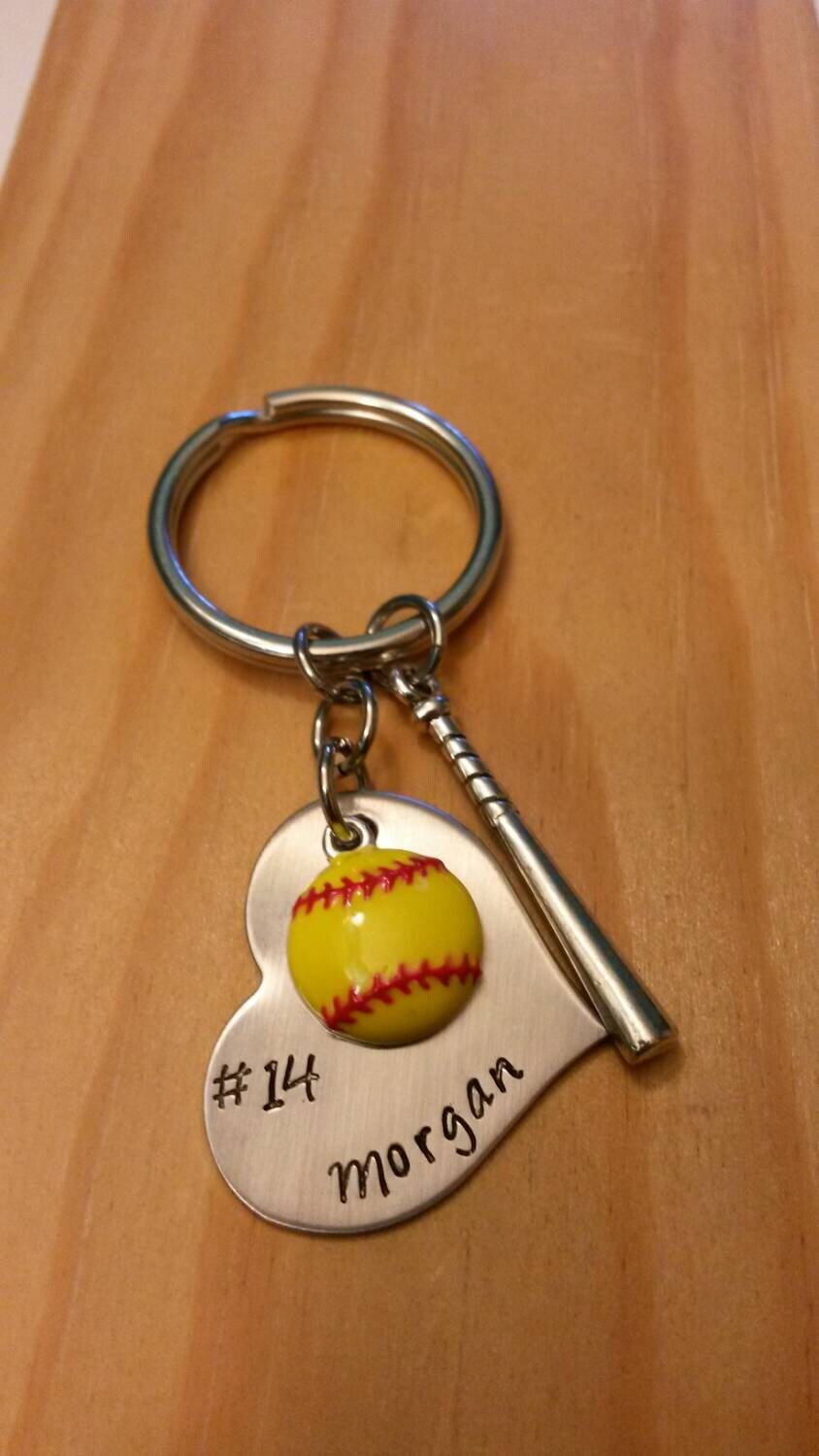 Hand Stamped Softball Keychain Bat Bag Charm Softball Keychain Etsy