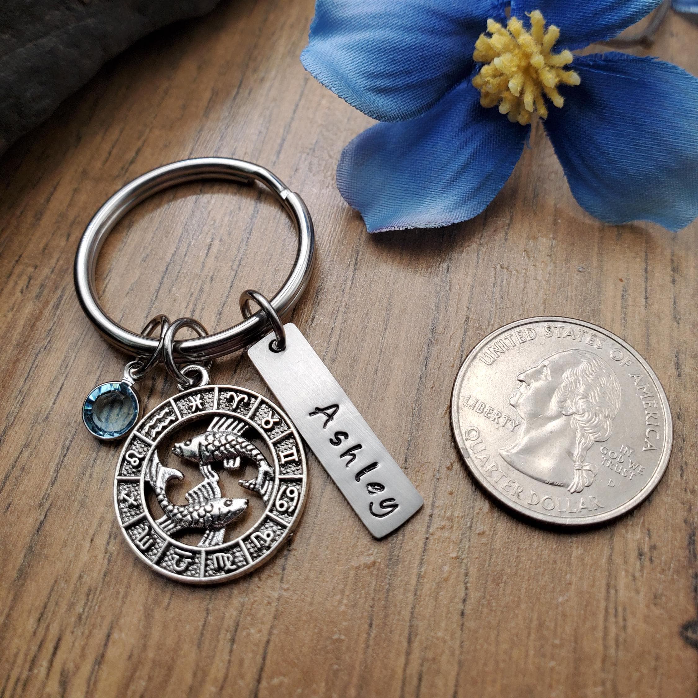 Pisces Keychain, Pisces Zodiac Gift, Personalized Horoscope Key
