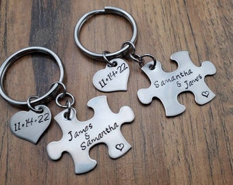 Hand Stamped Personalized Puzzle Piece Set - Couples Puzzle Piece Key Chains - Anniversary Gift - Boyfriend Gift - Puzzle Piece