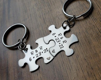 Puzzle Piece Keychains for Couples, Anniversary Gift, Boyfriend Keychain, Boyfriend Anniversary Gift, Husband Gift Hand Stamped Personalized