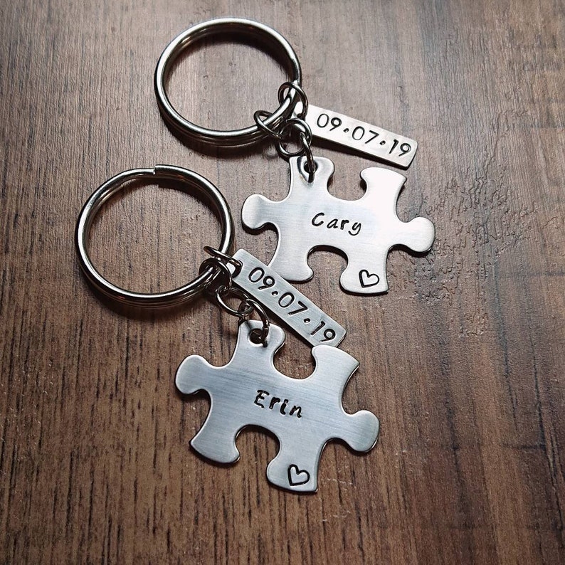 Hand Stamped Personalized Anniversary Gift for Him, Puzzle Piece Keychain Set, Anniversary Keychains, New Boyfriend Gift image 2