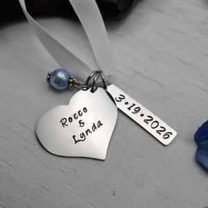 Hand Stamped Bouquet Charm - Personalized Wedding Gift - Something Blue For Bride - Bride Gift - Bride To Be