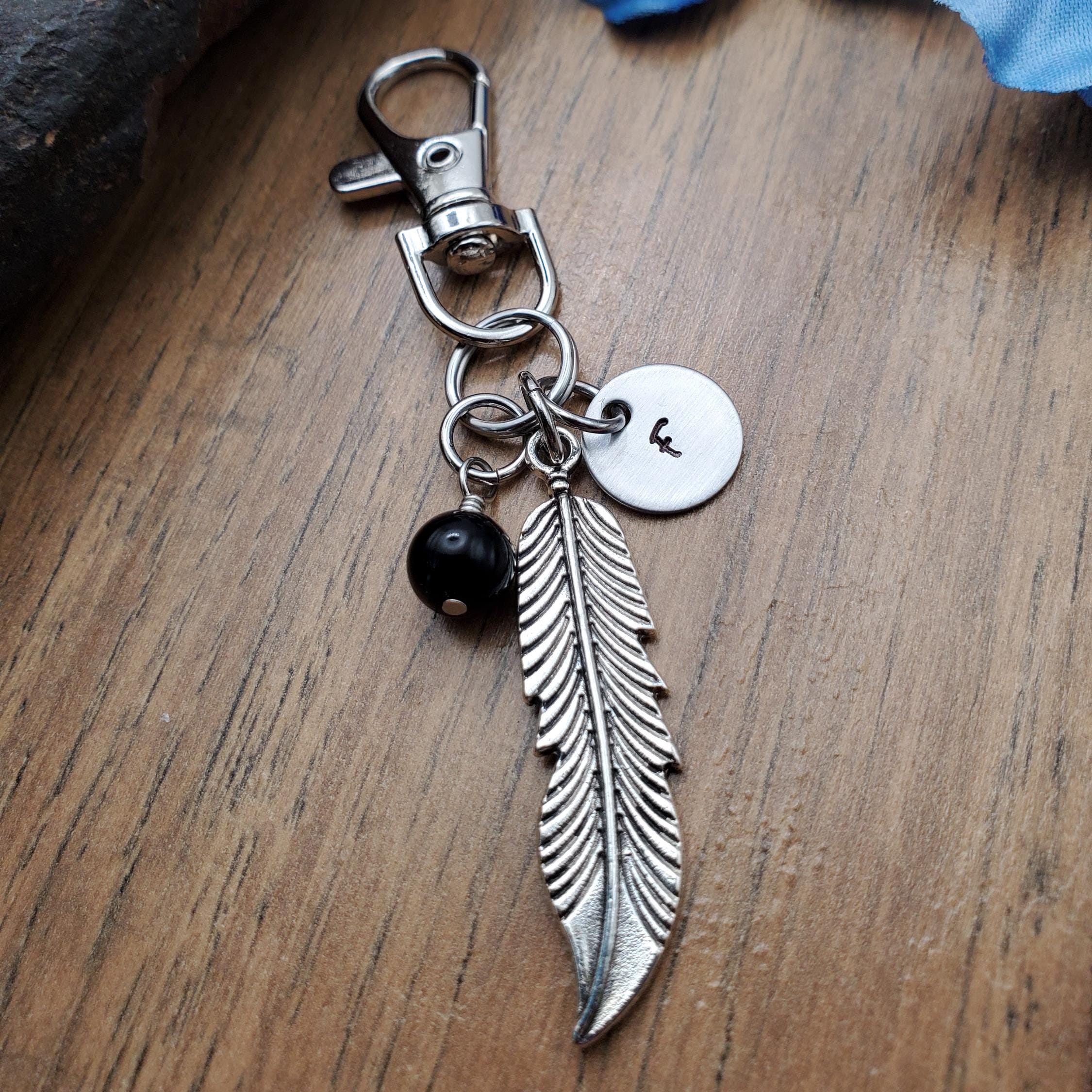 Feather Keychain, Feather Bag Charm Gift, Personalized Initial