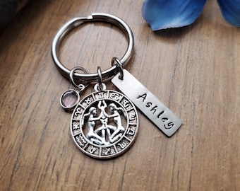 Gemini Keychain, Gemini Zodiac Gift, Personalized Horoscope Key Ring Bag Charm