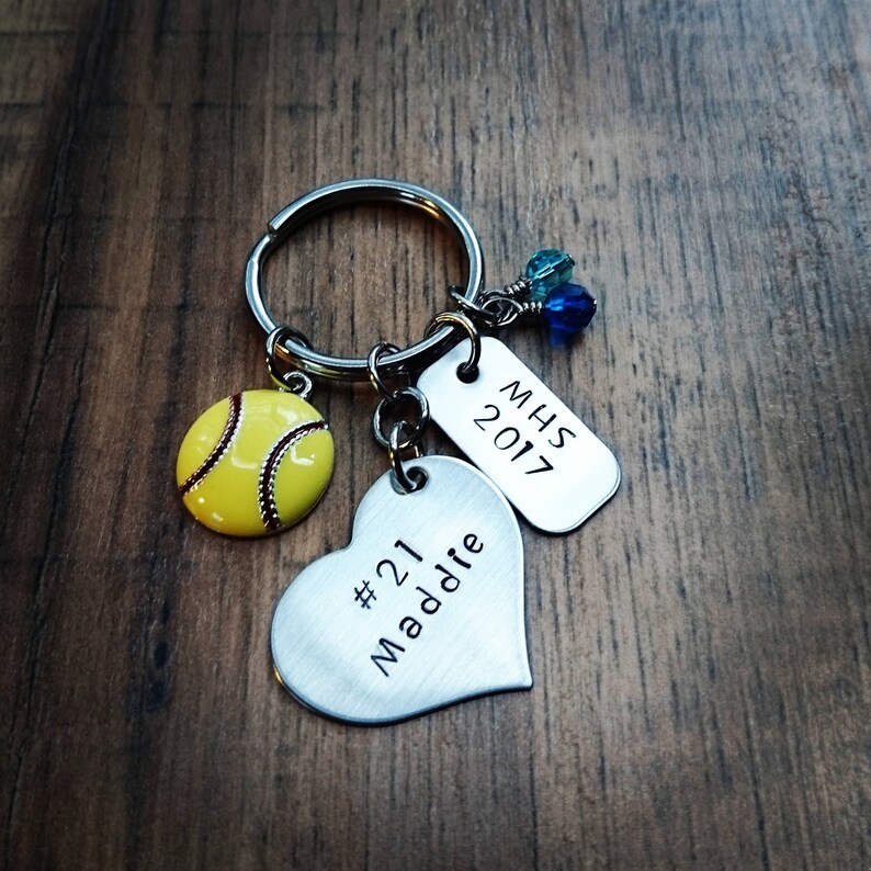 Hand Stamped Personalized Softball Keychain Softball Gifts Etsy