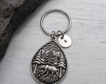 Bear Keychain, Personalized Cabin Keys, Nature Inspired Gift, Pine Trees Mountain Bag Charm