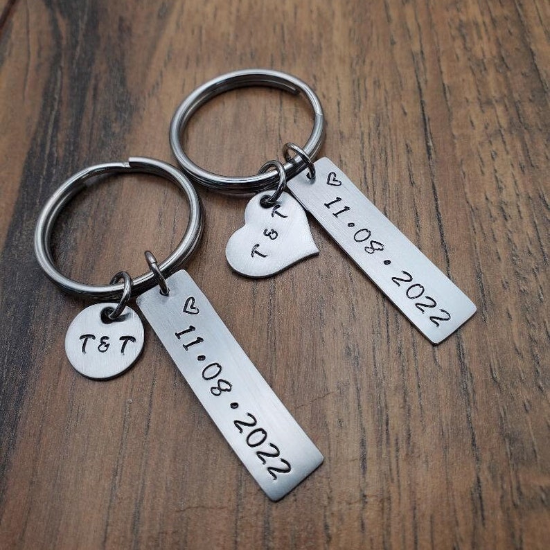 Hand Stamped Boyfriend Keychain, Anniversary Gift for Boyfriend, Couples Keychain Set, Anniversary Keychain, Gift for Him image 1