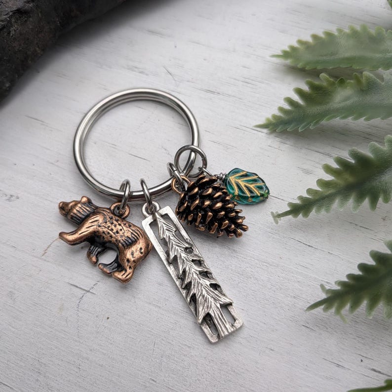 Bear Purse Charm / Bear Keychain / Leaf Pine Cone Mountain Themed Gifts Round