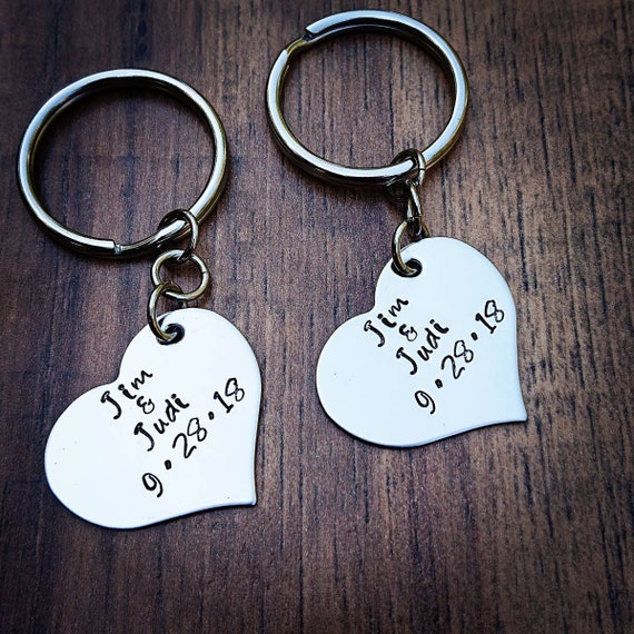 Couples Gift Set Anniversary Gifts Gift for Couples Hand Stamped Personalized Keychain Wedding Gifts Couples Keychain Set