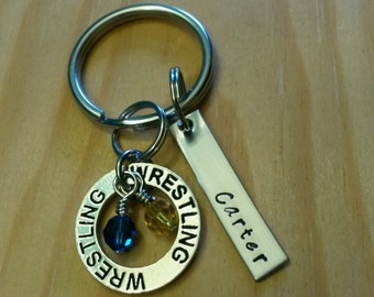 Hand Stamped Personalized Wrestling Keychain - Wrestling Mom Keychain - Pick Team Colors - Wrestling Team Mom Gift