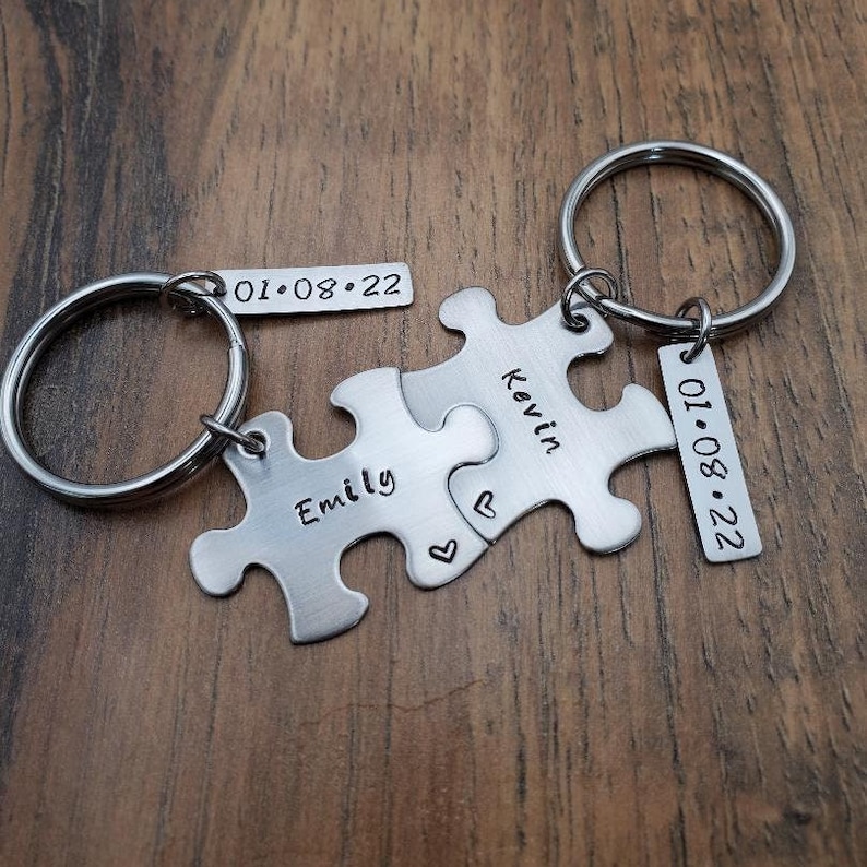 Hand Stamped Personalized Anniversary Gift for Him, Puzzle Piece Keychain Set, Anniversary Keychains, New Boyfriend Gift image 4