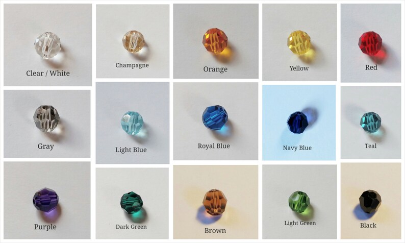 May include: Assortment of 16 round glass beads in various colors, including clear, champagne, orange, yellow, red, gray, light blue, royal blue, navy blue, teal, purple, dark green, brown, light green, and black.