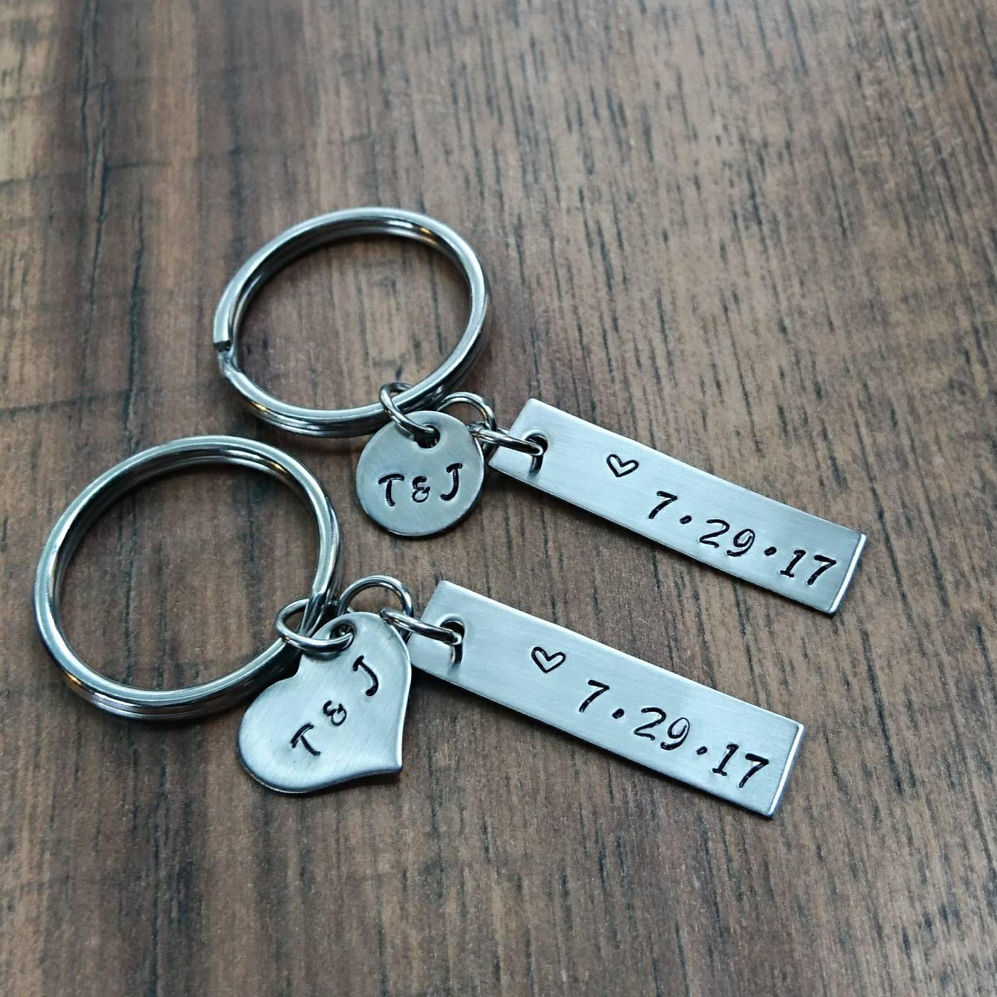 Hand Stamped Keychain Personalized Keychain Couples Keychain Set - We…