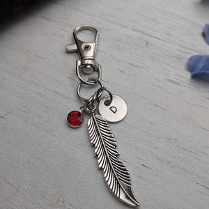 Feather Keychain, Feather Bag Charm Gift, Personalized Initial Charm Key Ring