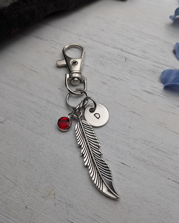 Feather Keychain, Feather Bag Charm Gift, Personalized Initial