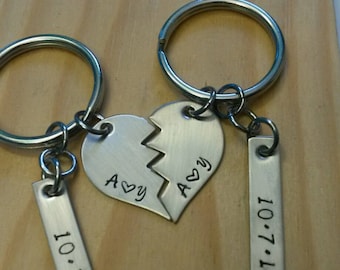 Anniversary gift for him, couples keychain Set, Hand Stamped Personalized Split Heart Keychain