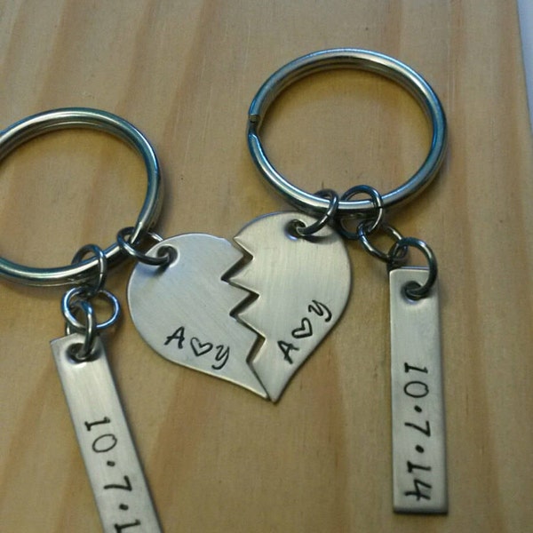 Anniversary gift for him, couples keychain Set, Hand Stamped Personalized Split Heart Keychain