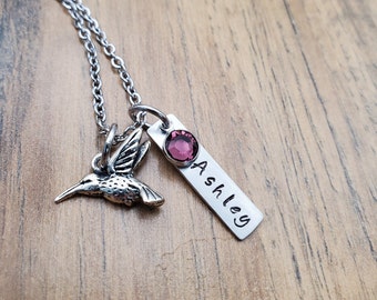 Hummingbird Necklace, Bird Lover Gift, Personalized Birthstone Bird Necklace