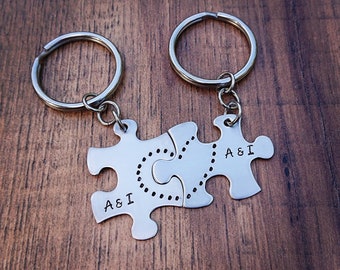 Hand Stamped Puzzle Piece Keychain, Personalized Keychains, Couples Puzzle Piece Keychains with Names and Heart, Anniversary Gifts