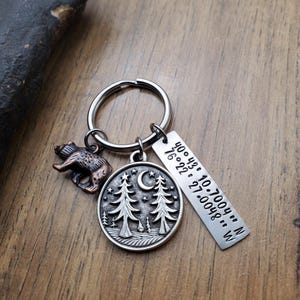 May include: A silver keychain with a charm featuring two trees, a crescent moon, and stars. A small bear charm is also attached. The keychain includes a tag with the coordinates "40.4931, -76.922 - 27.0048" and the text "10.7004" N.W.