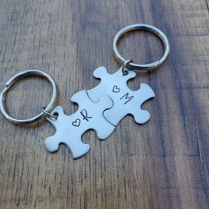 Puzzle Piece Initial Keychains, Gifts for Him, Gift for Her, Hand Stamped Personalized Key Ring