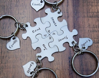 Puzzle Piece Family Keychains, Best Friend Puzzle Piece Keychains, Bridal Party, Sisters, Hand Stamped Personalized