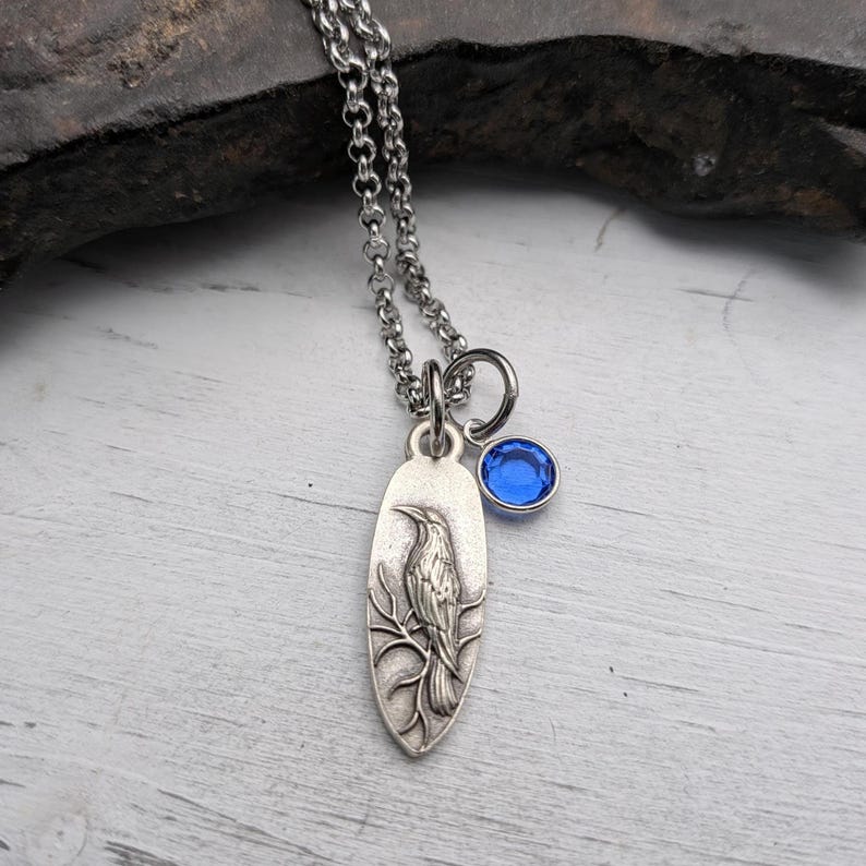 May include: Silver-toned pendant necklace featuring a detailed raven design on an oval pendant. A small, round, blue gemstone charm hangs next to the pendant. The necklace has a delicate chain.