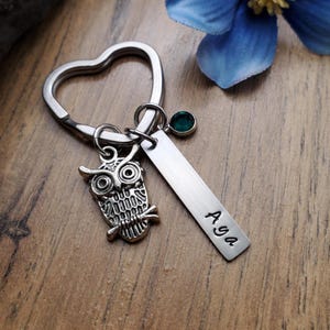 Owl Gift, Owl Keychain, Bag Charm, Birthstone Keychain, Owl Lover Gift, Hand Stamped Personalized Key Ring