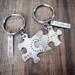 Hand Stamped Personalized Couples Keychain - Couples Puzzle Piece Keychains - Heart Anniversary Gift - Boyfriend Gifts - Girlfriend Gifts
