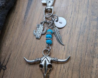 Western Purse Charm / Bull Skull Keychain / Boho Style Bag Charm / Cactus