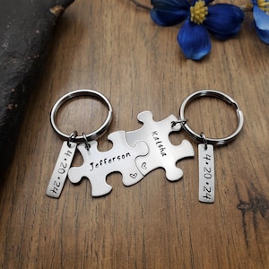 Hand Stamped Personalized Anniversary Gift for Him, Puzzle Piece Keychain Set, Anniversary Keychains, New Boyfriend Gift