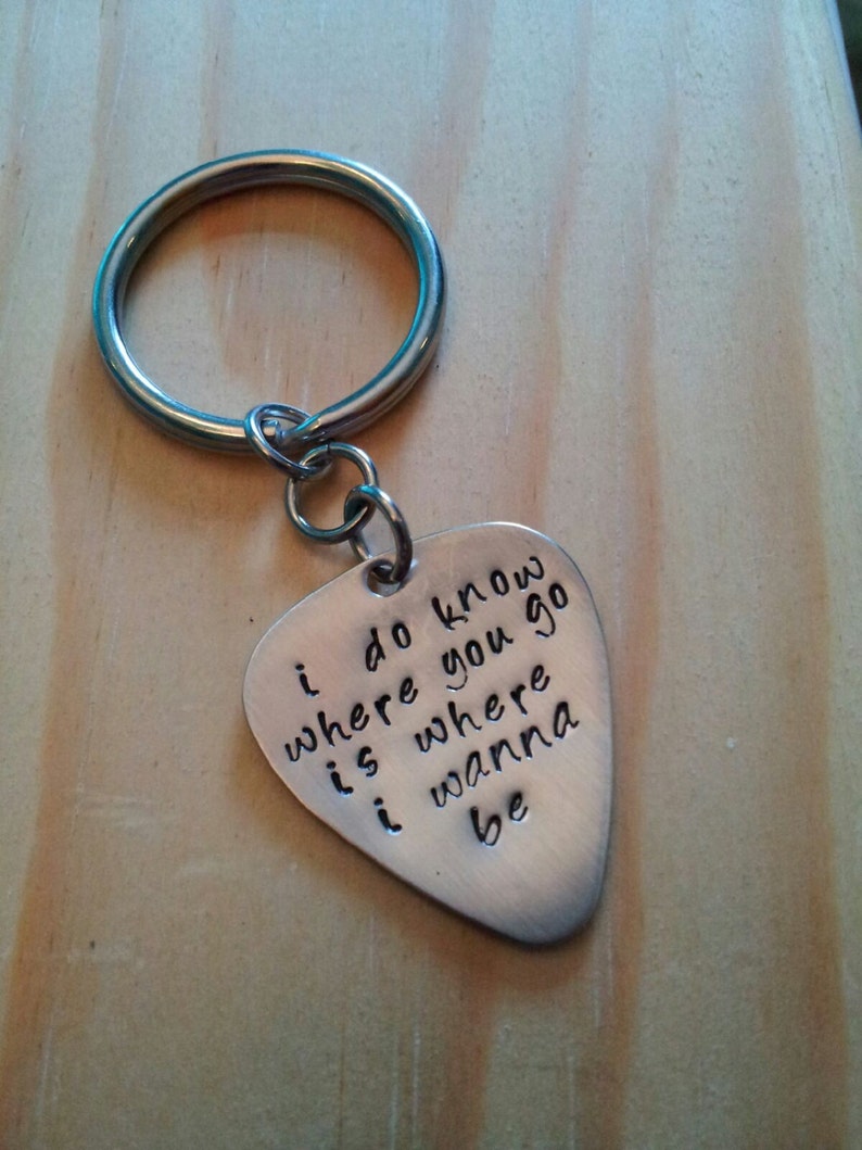 Hand Stamped Keychain Personalized Guitar Pick Keychain Lyrics Etsy