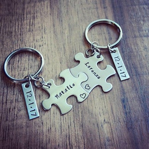 Hand Stamped Personalized Anniversary Gift for Him, Puzzle Piece Keychain Set, Anniversary Keychains, New Boyfriend Gift