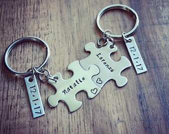 Hand Stamped Personalized Anniversary Gift for Him, Puzzle Piece Keychain Set, Anniversary Keychains, New Boyfriend Gift