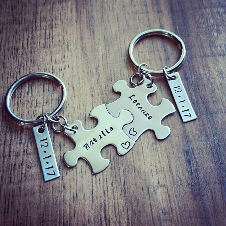 Hand Stamped Personalized Anniversary Gift for Him, Puzzle Piece Keychain Set, Anniversary Keychains, New Boyfriend Gift image 1